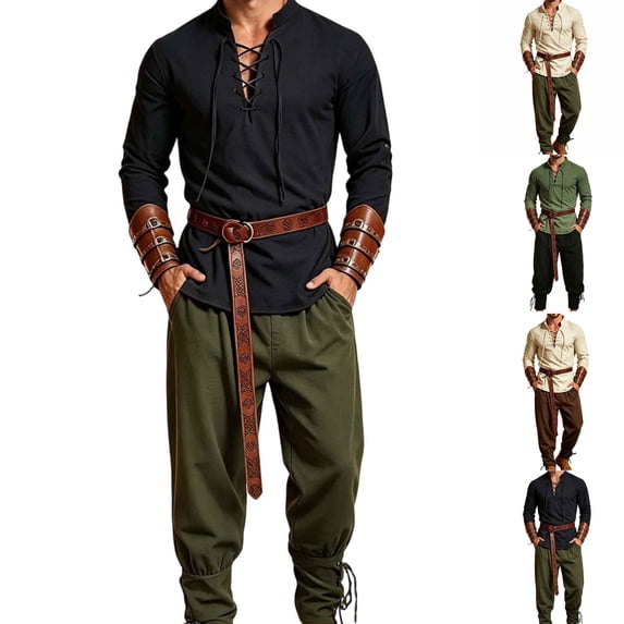LEKWK Renaissance Costume Men Medieval Costume Lace-Up V-Neck Pirate Shirt Pants with Vintage Belt and Arm Guards for Halloween Cosplay