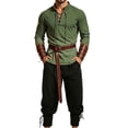thumbnail image 1 of LEKWK Renaissance Costume Men Medieval Costume Lace-Up V-Neck Pirate Shirt Pants with Vintage Belt and Arm Guards for Halloween Cosplay, 1 of 5