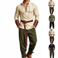 thumbnail image 1 of LEKWK Renaissance Costume Men Medieval Costume Lace-Up V-Neck Pirate Shirt Pants with Vintage Belt and Arm Guards for Halloween Cosplay, 1 of 6