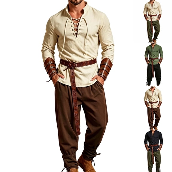 LEKWK Renaissance Costume Men Medieval Costume Lace-Up V-Neck Pirate Shirt Pants with Vintage Belt and Arm Guards for Halloween Cosplay