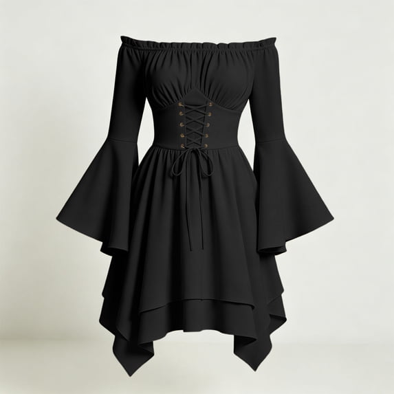 LEKWK Renaissance Costume Women Off Shoulder Bell Sleeve Lace-Up Corset Dress Vintage Medieval Pirate Dress for Halloween Cosplay Party
