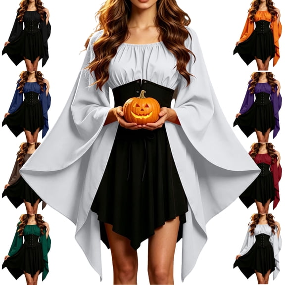 LEKWK Renaissance Dress Women Gothic Witch Costume Flared Bell Sleeve Lace Up Corset Peasant Dress Halloween Cosplay Party Medieval Dress