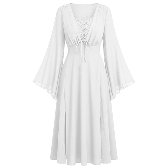 LEKWK Renaissance Dress Women Lace-Up Bell Long Sleeve Maxi Dress Chiffon Corset Waist Halloween Flowy Gown for Daily Vacation Party