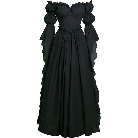 LEKWK Renaissance Dress Women Medieval Costume Off Shoulder Puff Sleeve Maxi Dress Classic Peasant Gown for Halloween Cosplay Themed Party