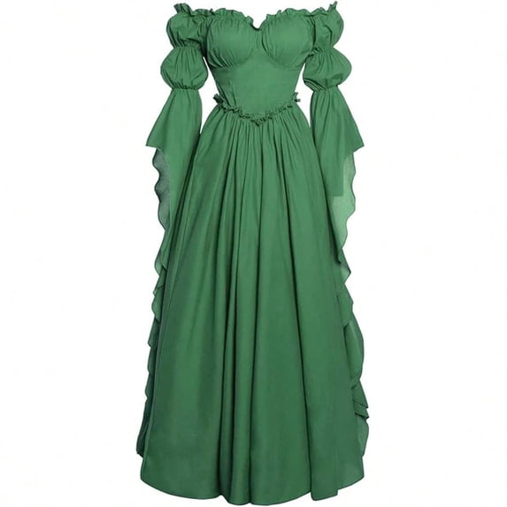 LEKWK Renaissance Dress Women Medieval Costume Off Shoulder Puff Sleeve Maxi Dress Classic Peasant Gown for Halloween Cosplay Themed Party