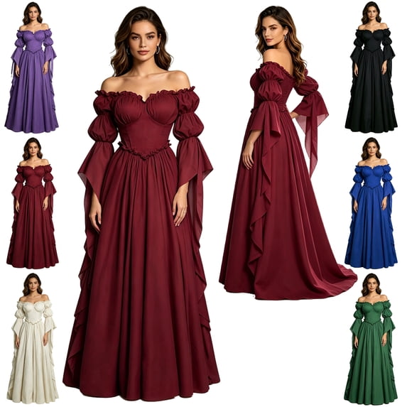 LEKWK Renaissance Dress Women Medieval Costume Off Shoulder Puff Sleeve Maxi Dress Classic Peasant Gown for Halloween Cosplay Themed Party