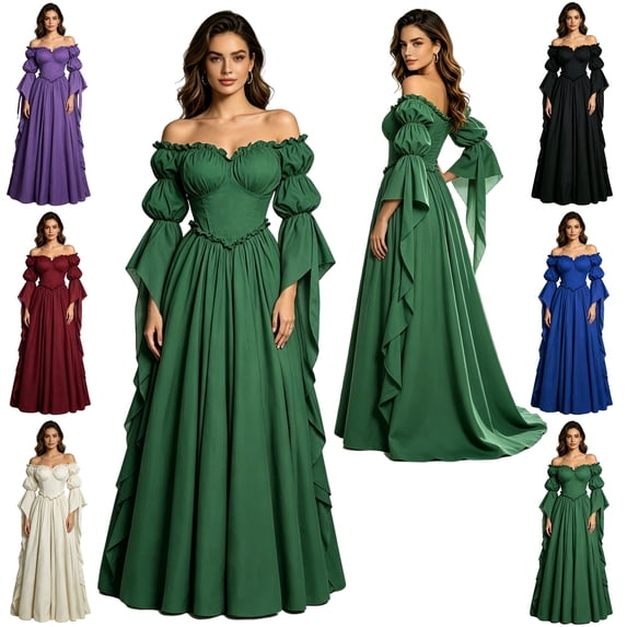 LEKWK Renaissance Dress Women Medieval Costume Off Shoulder Puff Sleeve Maxi Dress Classic Peasant Gown for Halloween Cosplay Themed Party