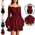 thumbnail image 1 of LEKWK Renaissance Dress Women Off Shoulder Tie Front Vintage Peasant Mini Dress Ruffled Hem Medieval Dress Halloween Victorian Dress, 1 of 5