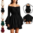 thumbnail image 1 of LEKWK Renaissance Dress Women Off Shoulder Tie Front Vintage Peasant Mini Dress Ruffled Hem Medieval Dress Halloween Victorian Dress, 1 of 5