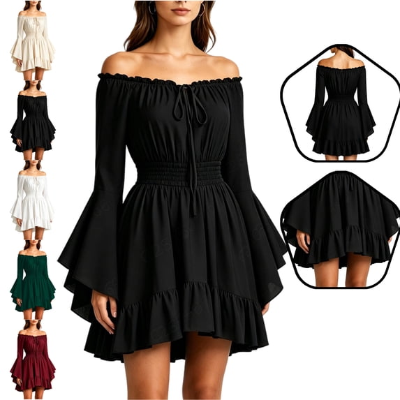 LEKWK Renaissance Dress Women Off Shoulder Tie Front Vintage Peasant Mini Dress Ruffled Hem Medieval Dress Halloween Victorian Dress