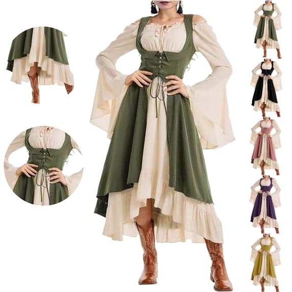 LEKWK Renaissance Dress Women Plus Size Lace Up Corset Ruffled Medieval Pirate Costume Off Shoulder Bell Long Sleeve Ren Faire Dresses