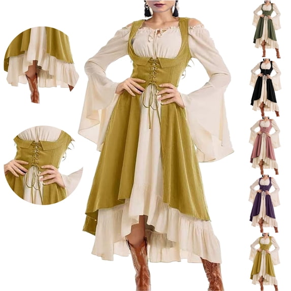 LEKWK Renaissance Dress Women Plus Size Lace Up Corset Ruffled Medieval Pirate Costume Off Shoulder Bell Long Sleeve Ren Faire Dresses