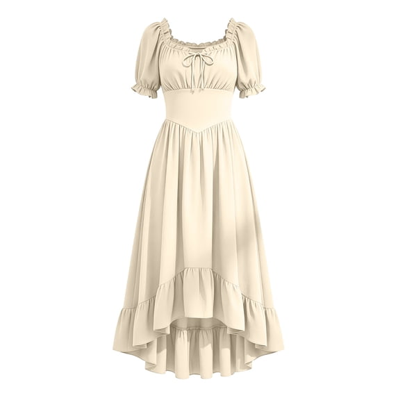 LEKWK Renaissance Dress Women Puff Short Sleeve Ruffled Hem Medieval Dress Corset Waist High Low Flowy Maxi Sundress Halloween Costumes