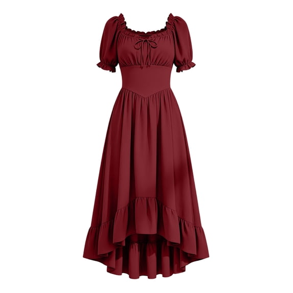 LEKWK Renaissance Dress Women Puff Short Sleeve Ruffled Hem Medieval Dress Corset Waist High Low Flowy Maxi Sundress Halloween Costumes