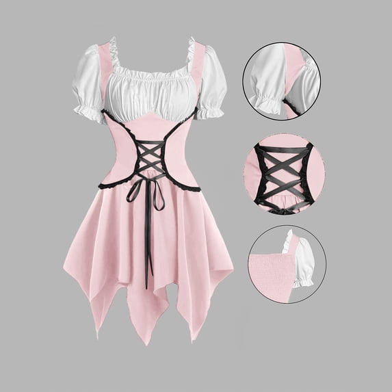 LEKWK Renaissance Dress for Women Lace Up Corset Ruffle Square Neck Mini Dress Puff Short Sleeve Halloween Costume Peasant Dresses
