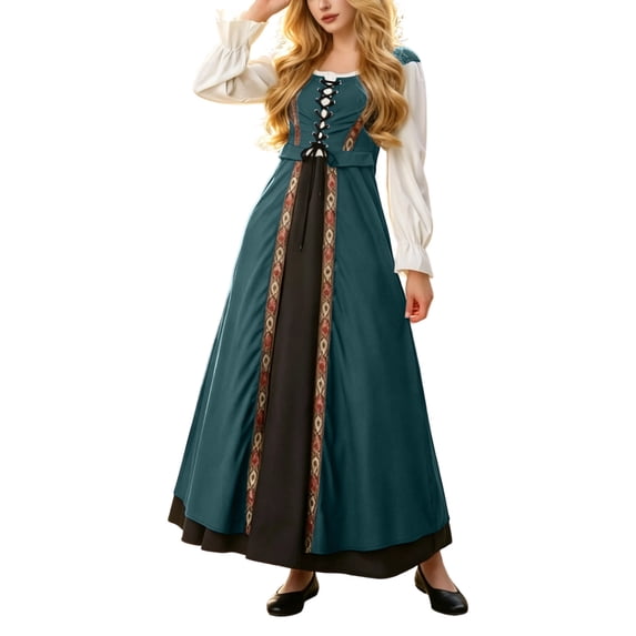 LEKWK Renaissance Dress for Women Lace-Up Long Sleeve Maxi Dress Vintage Medieval Dress Flowy Gorgeous Outfit for Halloween Cosplay Theme Party