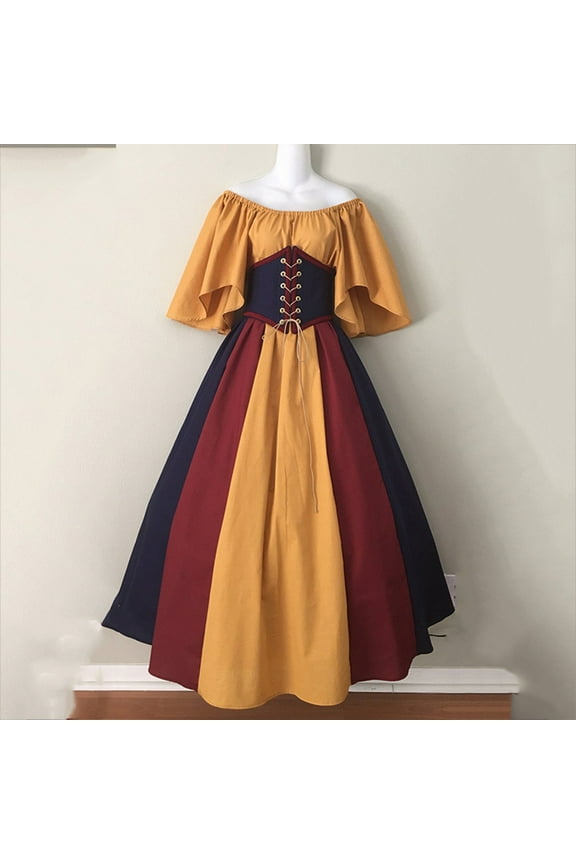 Renaissance Dress for Women Off The Shoulder Bell Sleeve Corset Medieval Dress Lace up Waist Maxi Dress Gothic Color Block Patchwork Party Wear