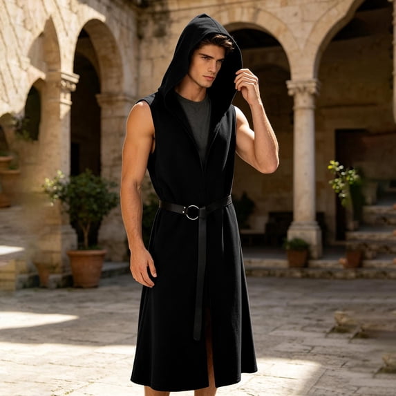LEKWK Renaissance Hooded Cloak Men Sleeveless Medieval Surcoat with Belt Soft Casual Viking Tunic Wizard Cloak Halloween Costume