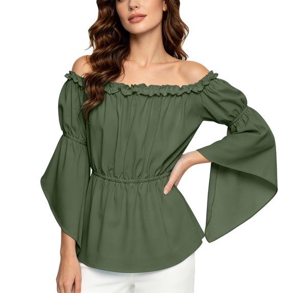 LEKWK Renaissance Top Women Off Shoulder Ruffled Top with Flared Bell Sleeves Classic Pirate Shirt Medieval Halloween Cosplay Costume