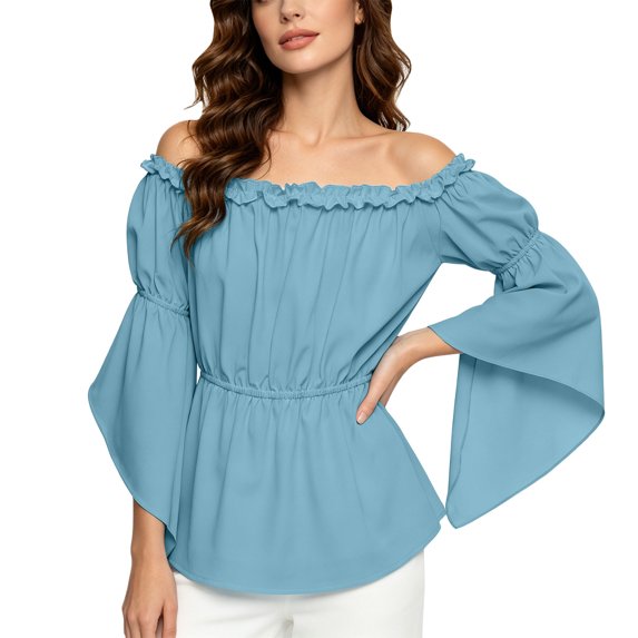 LEKWK Renaissance Top Women Off Shoulder Ruffled Top with Flared Bell Sleeves Classic Pirate Shirt Medieval Halloween Cosplay Costume