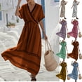 thumbnail image 1 of LEKWK Resort Dresses for Women Striped Short Sleeve V Neck Easter Dresses Wrap Summer Boho Vacation Dresses Beach Tie Waist Maxi Dress, 1 of 7