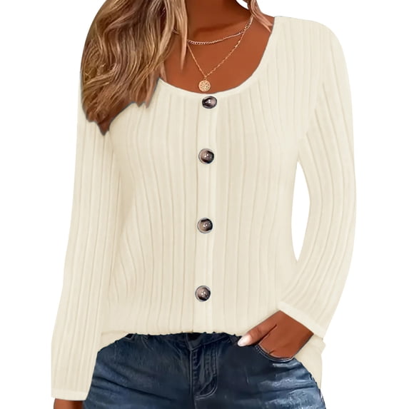 LEKWK Ribbed Long Sleeve Tops for Women Slim Fit Knit Scoop Neck Casual Tops Tops Dressy Casual Button Down Cardigan Style Daily Outfits