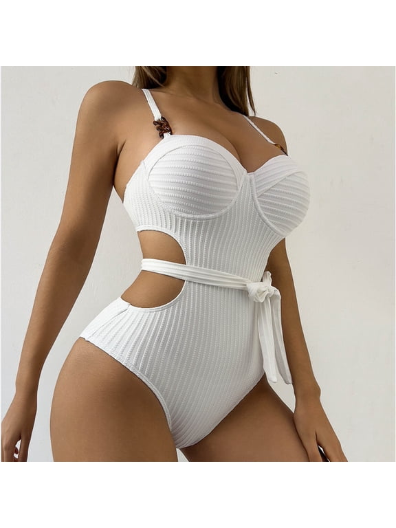 Ribbed One Piece Swimsuits for Women Cut Out Monokini Underwire Push Up Tie Waist High Cut Bathing Suits Tummy Control Beach Resort Outfits