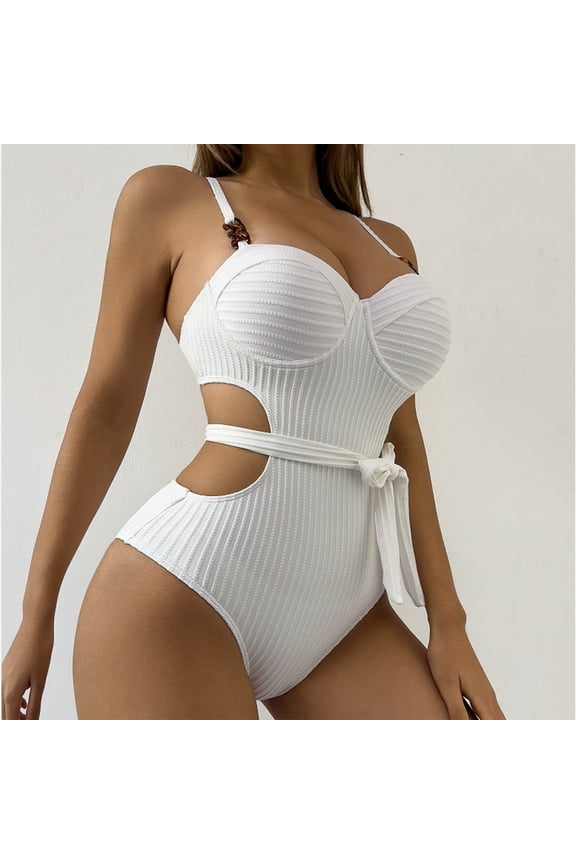 Ribbed One Piece Swimsuits for Women Cut Out Monokini Underwire Push Up Tie Waist High Cut Bathing Suits Tummy Control Beach Resort Outfits