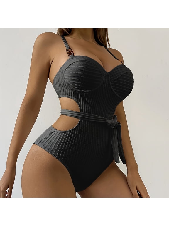 Ribbed One Piece Swimsuits for Women Cut Out Monokini Underwire Push Up Tie Waist High Cut Bathing Suits Tummy Control Beach Resort Outfits