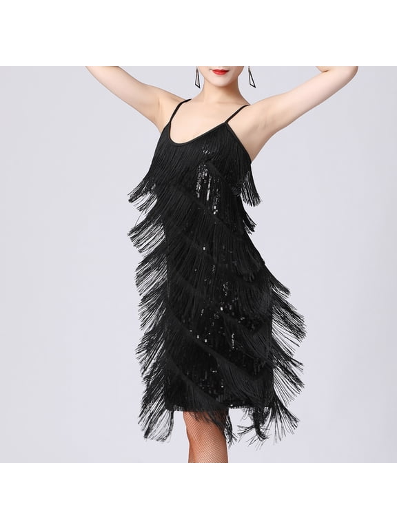 Roaring 20S Dresses for Women V Neck Fringe Dress Spaghetti Strap Flapper Dress Sequin Sparkly Mini Dress Cocktail Party Clubwear Night