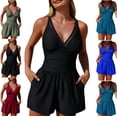 thumbnail image 1 of LEKWK Romper Swimsuits for Women One Piece Swim Dress with Pockets Mesh V Neck Tummy Control Shorts Bottom Modest Bathing Suit Summer Beach Wear Mom Gifts, 1 of 5
