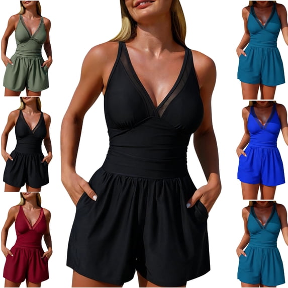 LEKWK Romper Swimsuits for Women One Piece Swim Dress with Pockets Mesh V Neck Tummy Control Shorts Bottom Modest Bathing Suit Summer Beach Wear Mom Gifts