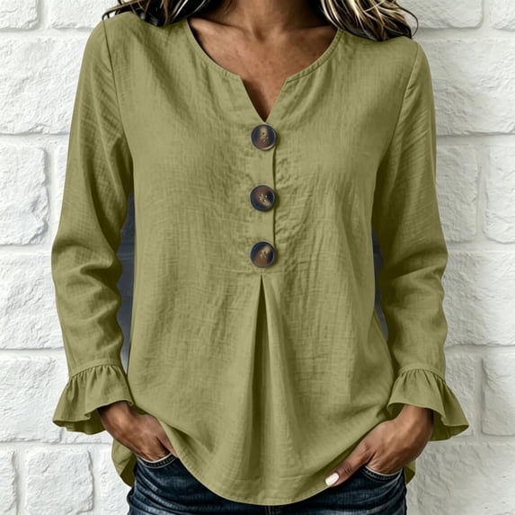 LEKWK Ruffle Long Sleeve Shirts for Women V Neck Button Front Linen Tops Pleated Loose Dressy Casual Tunic Tops Fall Daily Office Travel Outfits