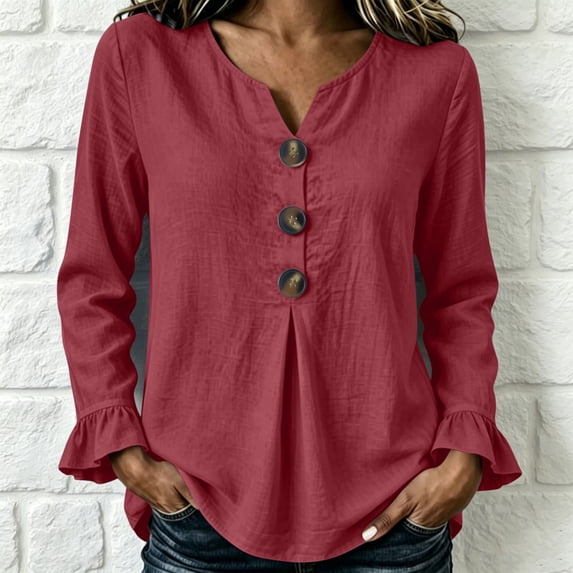 LEKWK Ruffle Long Sleeve Shirts for Women V Neck Button Front Linen Tops Pleated Loose Dressy Casual Tunic Tops Fall Daily Office Travel Outfits