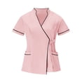 thumbnail image 1 of LEKWK Scrub Tops Women Cross V-Neck Contrast Piping Work Tops Short Sleeve Professional Tops Side Tie Waist Medical Nurse Uniform outfits, 1 of 5