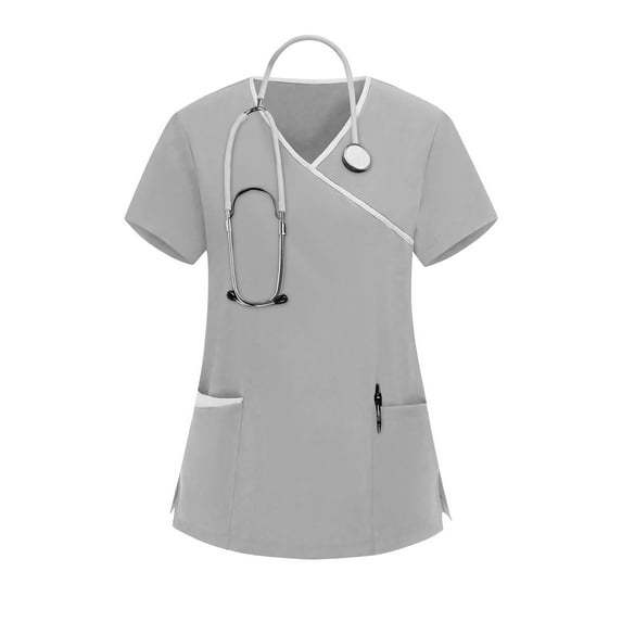 LEKWK Scrub Tops Women Cross V-Neck Contrast Piping Work Tops Short Sleeve Professional Tops Side Tie Waist Medical Nurse Uniform outfits