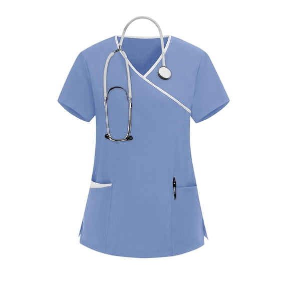 LEKWK Scrub Tops Women Cross V-Neck Contrast Piping Work Tops Short Sleeve Professional Tops Side Tie Waist Medical Nurse Uniform outfits