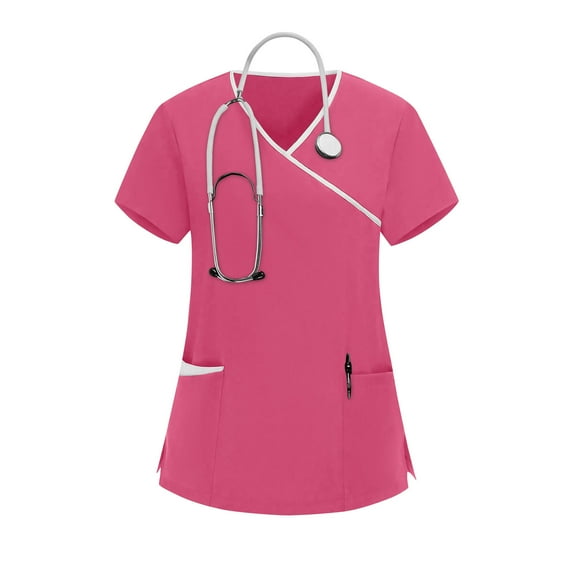 LEKWK Scrub Tops Women Cross V-Neck Contrast Piping Work Tops Short Sleeve Professional Tops Side Tie Waist Medical Nurse Uniform outfits