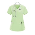 thumbnail image 1 of LEKWK Scrub Tops Women Cross V-Neck Contrast Piping Work Tops Short Sleeve Professional Tops Side Tie Waist Medical Nurse Uniform outfits, 1 of 5