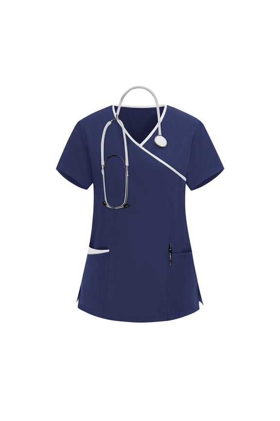 Scrub Tops Women Cross V-Neck Contrast Piping Work Tops Short Sleeve Professional Tops Side Tie Waist Medical Nurse Uniform outfits