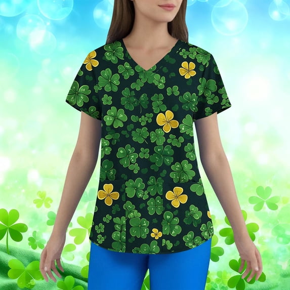 LEKWK Scrub Tops Women Green Gold V Neck Short Sleeve Tshirts Graphic Glitter Shamrock Print Holiday Nursing Uniform Work Tee