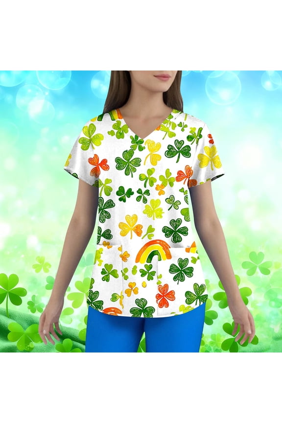 Scrub Tops Women Rainbow Stripe V Neck Short Sleeve Work Tops Clover Print Nursing Uniform St Patricks Day Blouse