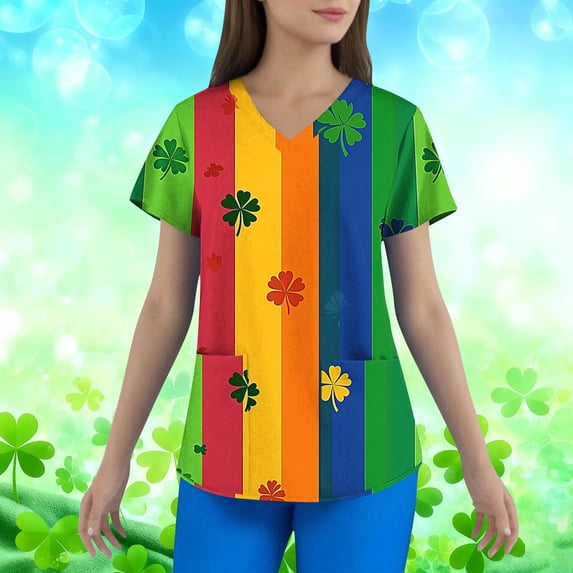 LEKWK Scrub Tops Women Rainbow Stripe V Neck Short Sleeve Work Tops Clover Print Nursing Uniform St Patricks Day Blouse