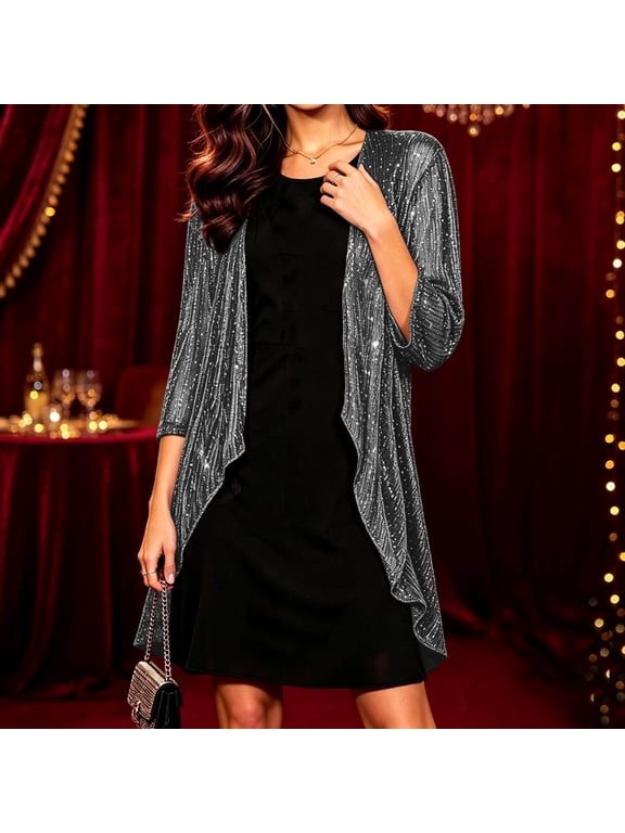 Sequin Cardigan Jacket Women Open Front Sparkly 3/4 Sleeve Coat Elegant Evening Party Wedding Guest Dressy Fall Outerwear Gray XL