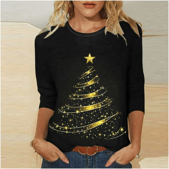 LEKWK Sequined Christmas Tops for Women Xmas Tree Crew Neck 3/4 Sleeve Tshirts 3/4 Length Sleeve Womens T Shirts Womens Christmas Dressy Holiday Tops