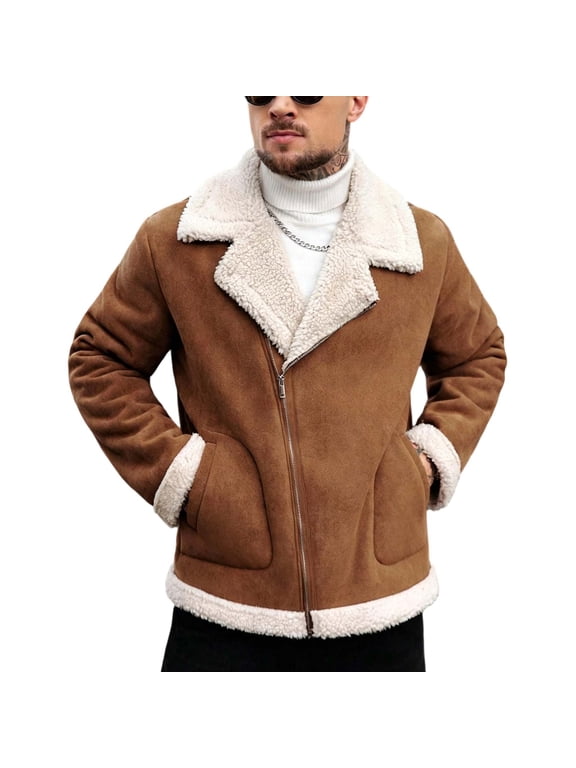 Sherpa Jacket for Men Faux Suede Asymmetrical Zip Shearling Lined Coat with Wide Lapel Collar and Pockets Warm Winter Outerwear for Motorcycle Travel and Casual Streetwear Brown M