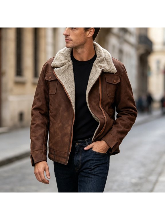 Sherpa Lined Jacket for Men Winter Warm Suede Coat Vintage Lapel Heavyweight Thermal Outerwear with Multi Pockets for Cold Weather Outdoor Driving