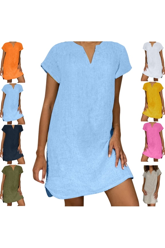 Shift Dresses for Women Short Sleeve V Neck Casual Dress Loose Fit Tunic Dress Knee Length Comfy Soft Summer Work Daily Wear Vacation