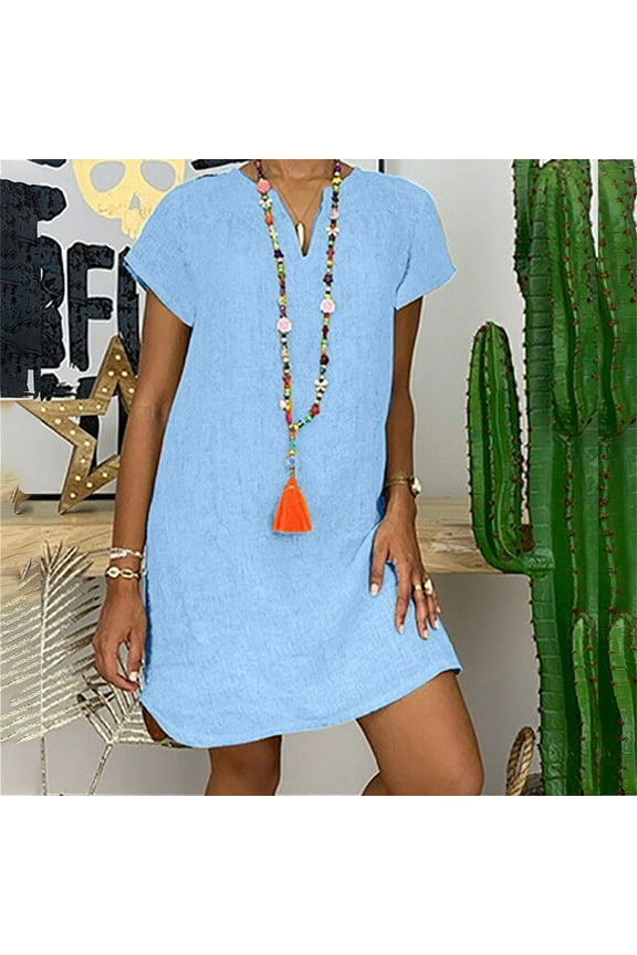 Shift Dresses for Women Short Sleeve V Neck Casual Dress Loose Fit Tunic Dress Knee Length Comfy Soft Summer Work Daily Wear Vacation