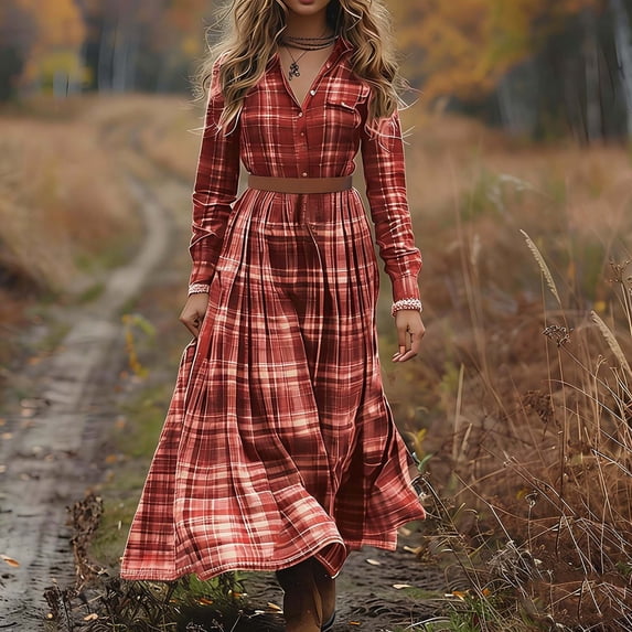 LEKWK Shirt Linen Dresses for Women Plaid Print Long Sleeve Button Down Maxi Dress A Line Spring Dresses Loose Fit Casual Work Office Daily Wear